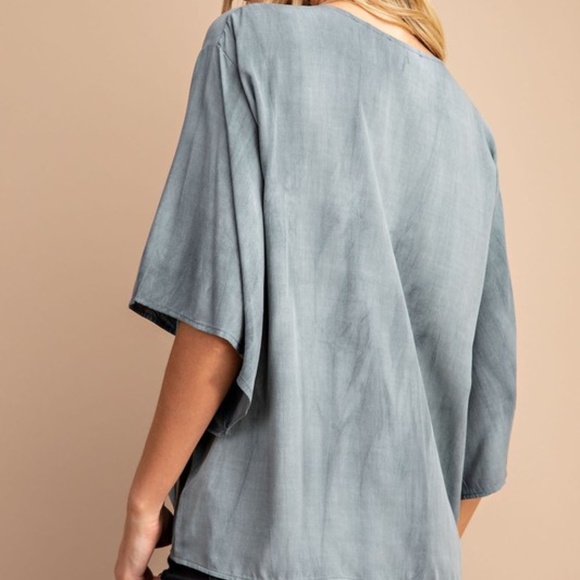 V-Neck Front Tie Solid Color Blouse Top - Picture 7 of 8